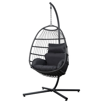 Gardeon Outdoor Egg Swing Chair Hanging Chair Wicker Rope Pod Stand Foldable Grey - RnR Galore