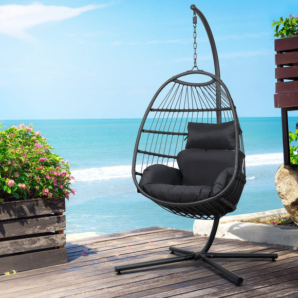 Gardeon Outdoor Egg Swing Chair Hanging Chair Wicker Rope Pod Stand Foldable Grey - RnR Galore