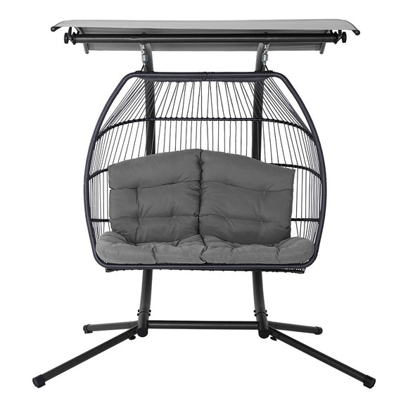 Gardeon Outdoor Egg Swing Chair Wicker Furniture Pod Stand Canopy 2 Seater Grey - RnR Galore