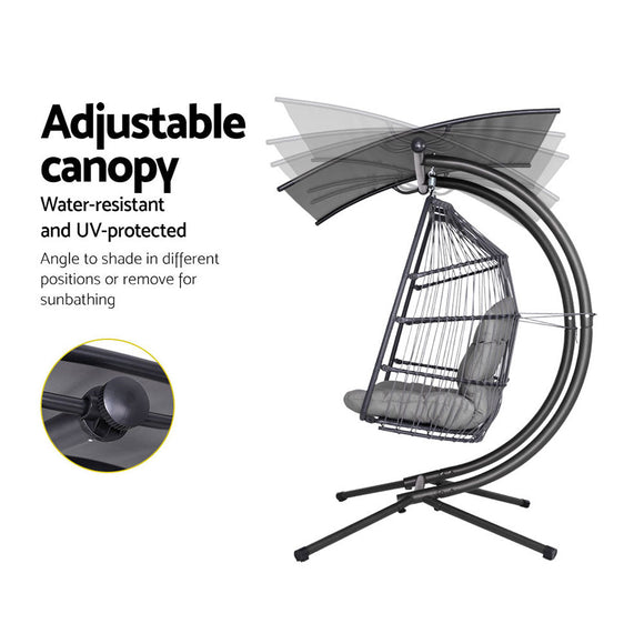 Gardeon Outdoor Egg Swing Chair Wicker Furniture Pod Stand Canopy 2 Seater Grey - RnR Galore