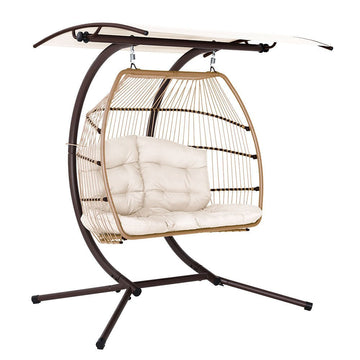 Gardeon Outdoor Egg Swing Chair Wicker Furniture Pod Stand Canopy 2 Seater Latte - RnR Galore