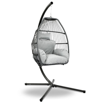 Gardeon Outdoor Egg Swing Chair Wicker Rope Furniture Pod Stand Cushion Grey - RnR Galore