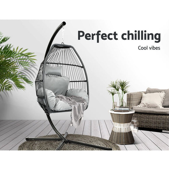 Gardeon Outdoor Egg Swing Chair Wicker Rope Furniture Pod Stand Cushion Grey - RnR Galore