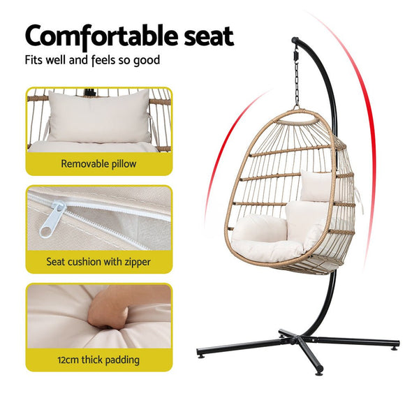 Gardeon Outdoor Egg Swing Chair Wicker Rope Furniture Pod Stand Foldable Yellow - RnR Galore