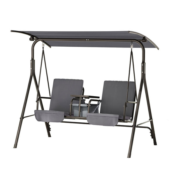 Gardeon Outdoor Swing Chair Garden Chair Canopy Cup Holder 2 Seater Grey - RnR Galore