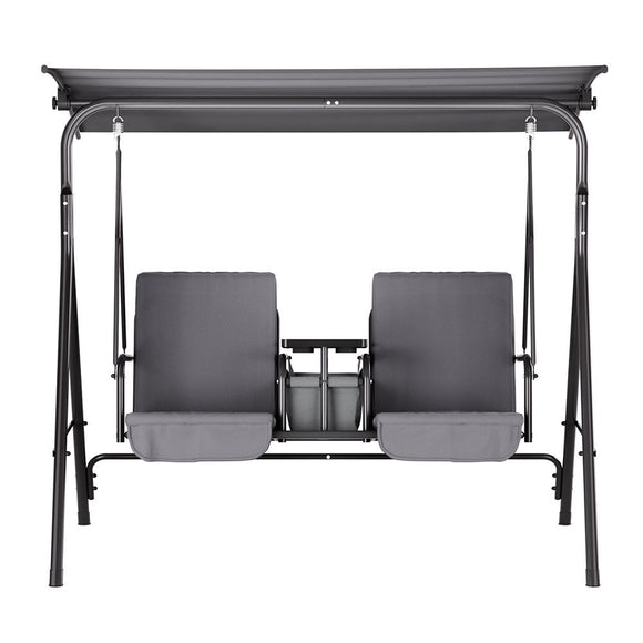 Gardeon Outdoor Swing Chair Garden Chair Canopy Cup Holder 2 Seater Grey - RnR Galore