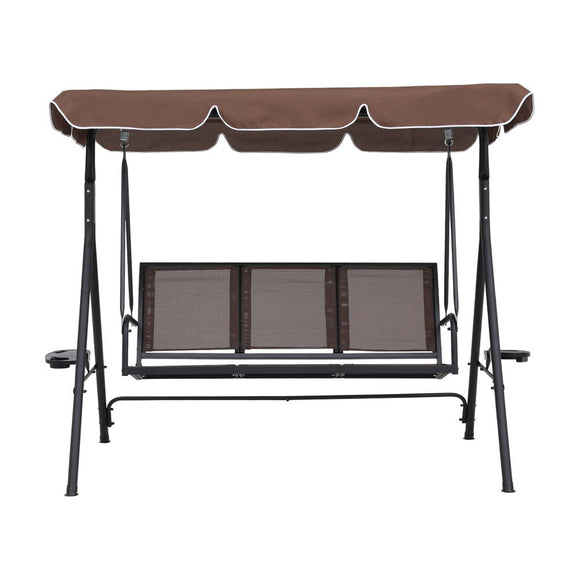 Gardeon Outdoor Swing Chair Garden Chair Canopy Cup Holder 3 Seater Brown - RnR Galore