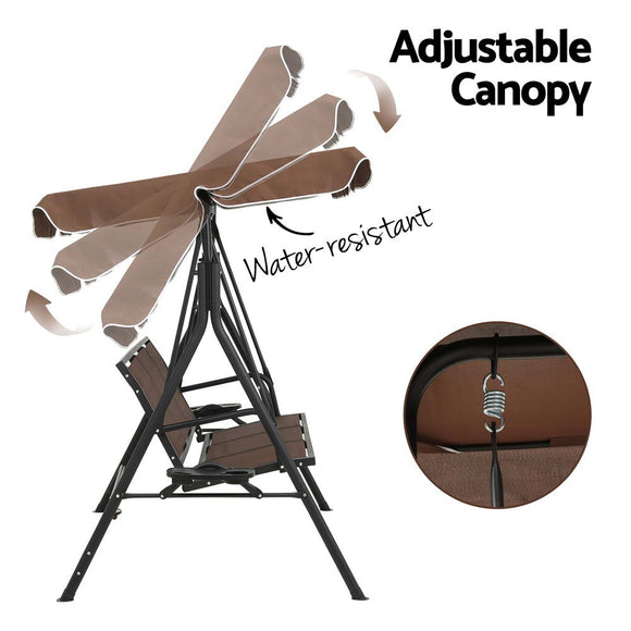 Gardeon Outdoor Swing Chair Garden Chair Canopy Cup Holder 3 Seater Brown - RnR Galore