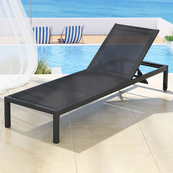 Gardeon Sun Lounge Outdoor Lounger Aluminium Folding Beach Chair Wheels Black - RnR Galore