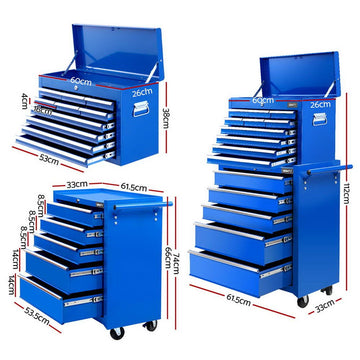 Giantz 15 Drawers Tool Chest Trolley Toolbox 2 - in - 1 Storage Blue - RnR Galore