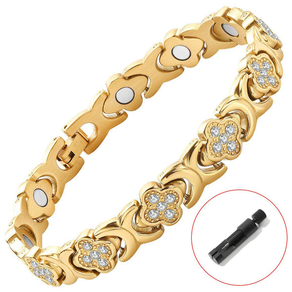 Gold New Fashion Lightweight Luxury Four - Leaf Clover Diamond Inlaid Bracelet - Alloy Magnetic Watch Band Style Bracelet for Women + Free Disassembly Tool - RnR Galore