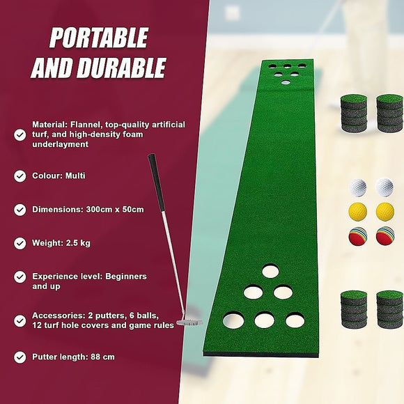 Golf Beer Pong Game Toy Set Green Golf Putting Matt with 2 Putters, 6 Balls - RnR Galore