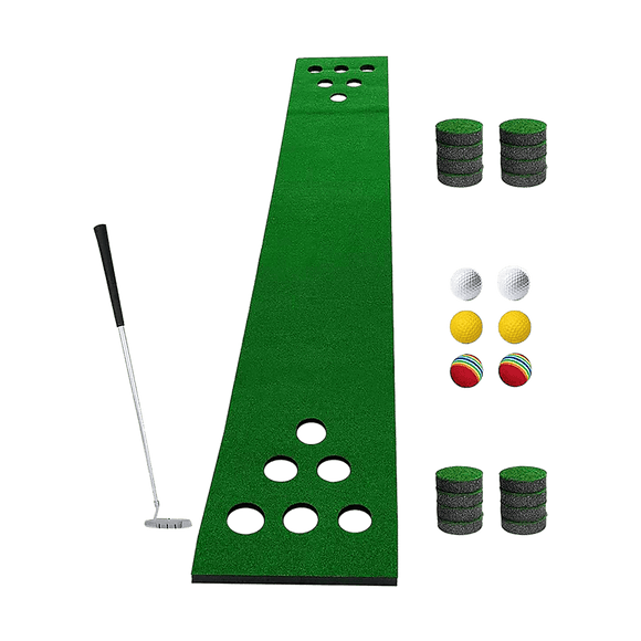 Golf Beer Pong Game Toy Set Green Golf Putting Matt with 2 Putters, 6 Balls - RnR Galore