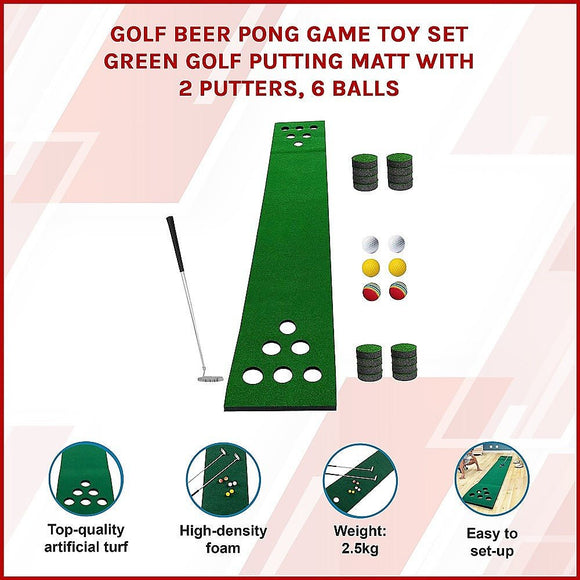 Golf Beer Pong Game Toy Set Green Golf Putting Matt with 2 Putters, 6 Balls - RnR Galore