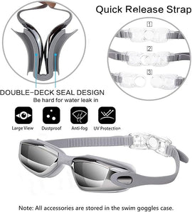 Gray Swim Goggles Set with Cap, Nose Clip, Earplugs & Case: Anti - Fog UV Protection for Men & Women - RnR Galore