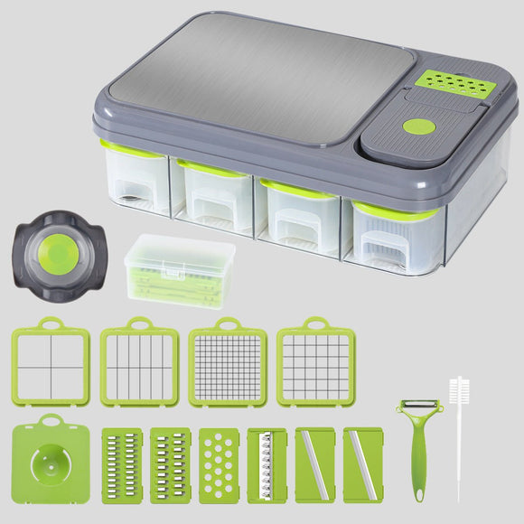 Green And Grey Ultimate 12 - in - 1 Multi - Functional Vegetable Slicer Dicer Chopper - Mandoline with Storage Containers & Drain Basket - RnR Galore