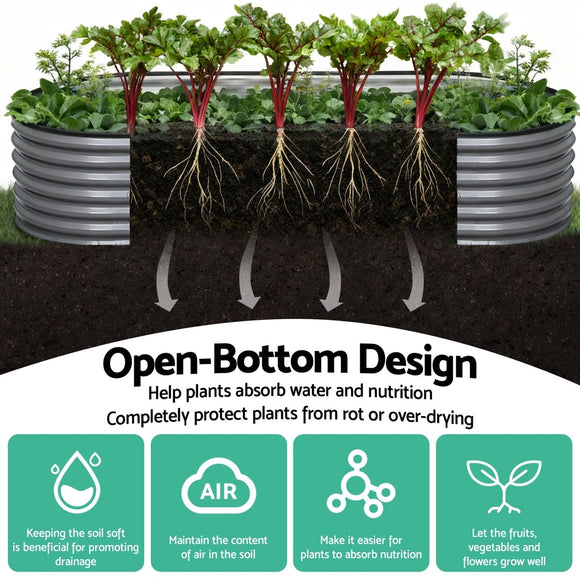 Green Fingers 3 Pcs Raised Garden Bed Kit Oval Galvanized Steel Planter Boxes 240x80x42cm, Heavy Duty Metal Elevated Garden Bed for Vegetables Flowers Herbs, with Safety Edging, Gloves & Pegs Included - RnR Galore