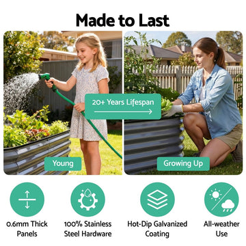 Green Fingers 3 Pcs Raised Garden Bed Kit Oval Galvanized Steel Planter Boxes 320x80x42cm, Heavy Duty Metal Elevated Garden Bed for Vegetables Flowers Herbs, with Safety Edging, Gloves & Pegs Included - RnR Galore