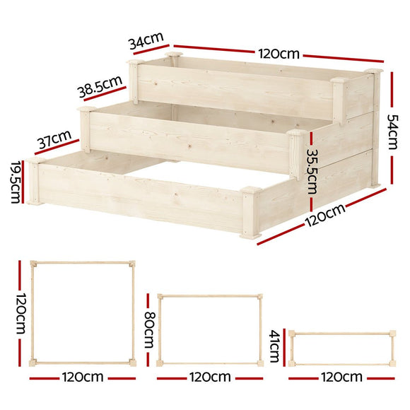 Green Fingers 3 - Tier Wooden Raised Garden Bed Elevated Ground Vegetable Planter Box - RnR Galore