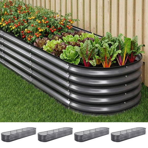 Green Fingers 4 Pcs Raised Garden Bed Kit Oval Galvanized Steel Planter Boxes 320x80x42cm, Heavy Duty Metal Elevated Garden Bed for Vegetables Flowers Herbs, with Safety Edging, Gloves & Pegs Included - RnR Galore