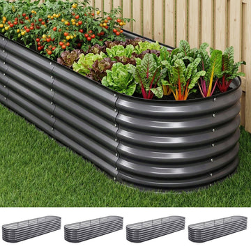 Green Fingers 4 Pcs Raised Garden Bed Kit Oval Galvanized Steel Planter Boxes 320x80x56cm, Heavy Duty Metal Elevated Garden Bed for Vegetables Flowers Herbs, with Safety Edging, Gloves & Pegs Included - RnR Galore