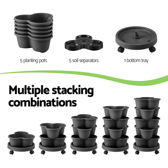 Green Fingers 5 Tier Vertical Garden Planter, Stackable Planters with 4 Wheels, Black, Raised Garden Bed, Garden Tower Indoor Outdoor, Auto Drainage System, for Strawberries, Herbs, Flower, Vegetables - RnR Galore