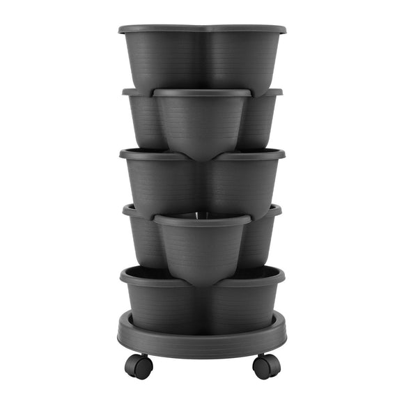 Green Fingers 5 Tier Vertical Garden Planter, Stackable Planters with 4 Wheels, Black, Raised Garden Bed, Garden Tower Indoor Outdoor, Auto Drainage System, for Strawberries, Herbs, Flower, Vegetables - RnR Galore