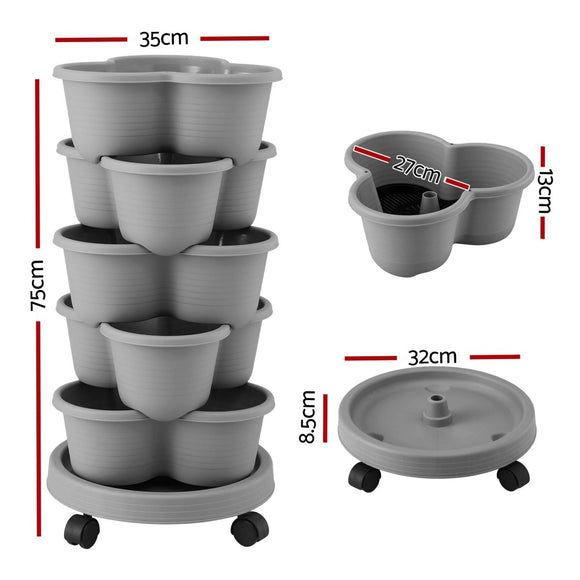Green Fingers 5 Tier Vertical Garden Planter, Stackable Planters with 4 Wheels, Grey, Raised Garden Bed, Garden Tower Indoor Outdoor, Auto Drainage System, for Strawberries, Herbs, Flower, Vegetables - RnR Galore
