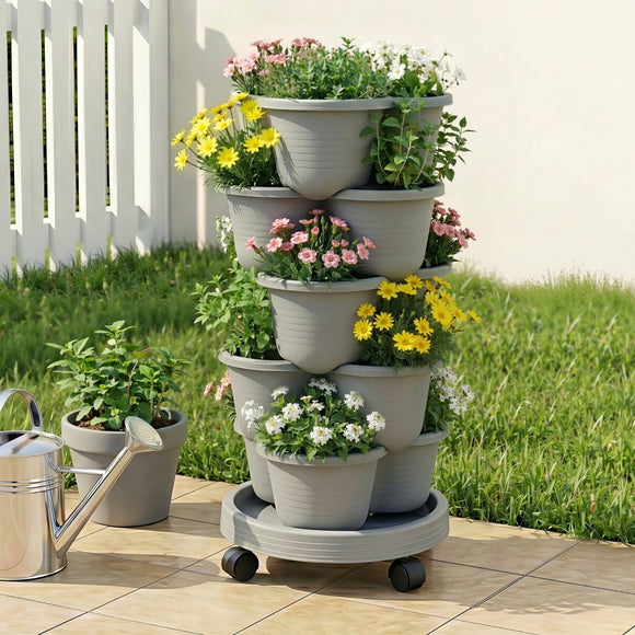 Green Fingers 5 Tier Vertical Garden Planter, Stackable Planters with 4 Wheels, Grey, Raised Garden Bed, Garden Tower Indoor Outdoor, Auto Drainage System, for Strawberries, Herbs, Flower, Vegetables - RnR Galore