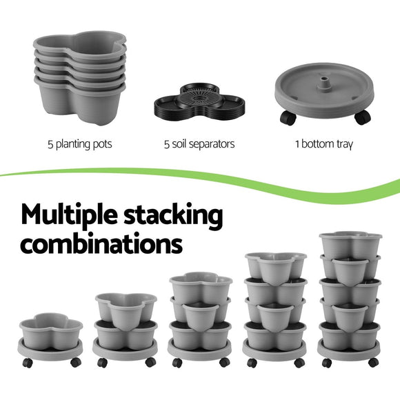 Green Fingers 5 Tier Vertical Garden Planter, Stackable Planters with 4 Wheels, Grey, Raised Garden Bed, Garden Tower Indoor Outdoor, Auto Drainage System, for Strawberries, Herbs, Flower, Vegetables - RnR Galore