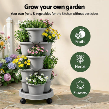 Green Fingers 5 Tier Vertical Garden Planter, Stackable Planters with 4 Wheels, Grey, Raised Garden Bed, Garden Tower Indoor Outdoor, Auto Drainage System, for Strawberries, Herbs, Flower, Vegetables - RnR Galore