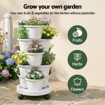 Green Fingers 5 Tier Vertical Garden Planter, Stackable Planters with Wheels, White, Garden Bed, Garden Tower Indoor Outdoor, Auto Drainage System, for Strawberries, Herbs, Flowers, Vegetables - RnR Galore