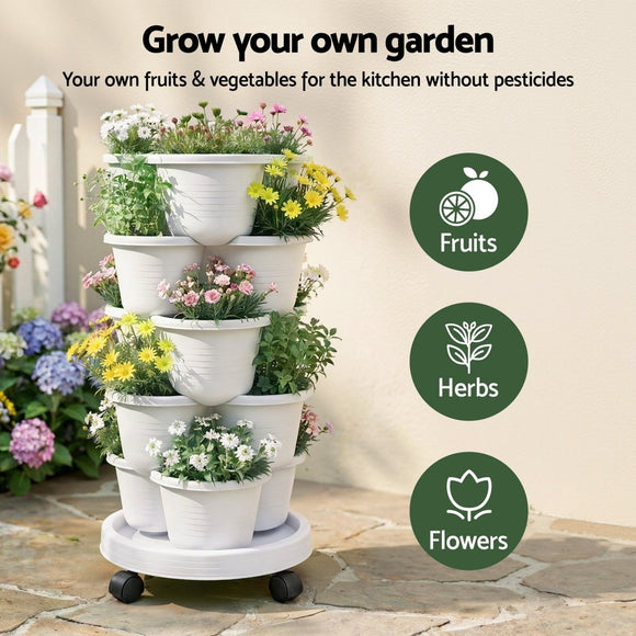 Green Fingers 5 Tier Vertical Garden Planter, Stackable Planters with Wheels, White, Garden Bed, Garden Tower Indoor Outdoor, Auto Drainage System, for Strawberries, Herbs, Flowers, Vegetables - RnR Galore