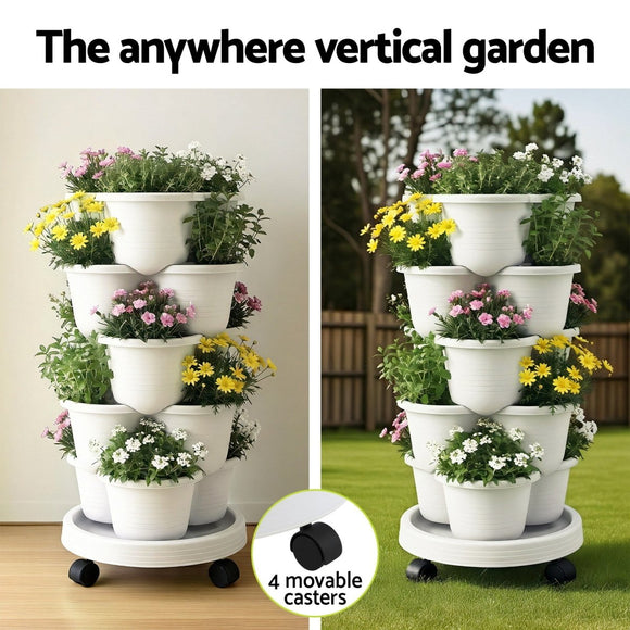 Green Fingers 5 Tier Vertical Garden Planter, Stackable Planters with Wheels, White, Garden Bed, Garden Tower Indoor Outdoor, Auto Drainage System, for Strawberries, Herbs, Flowers, Vegetables - RnR Galore