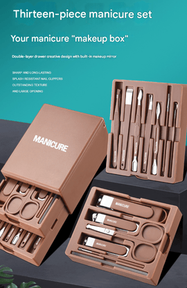 Green Premium 13 - in - 1 Manicure & Grooming Kit - Professional Carbon Steel Pedicure Set with Dual - Drawer Case & Mirror - RnR Galore
