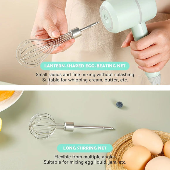 Green Wireless charging handheld mixer, 30W with three - speed settings. Dual whisk heads designed for whipping eggs, cream, and batter. Suitable for both kitchen and outdoor use, also an ideal gift. - RnR Galore