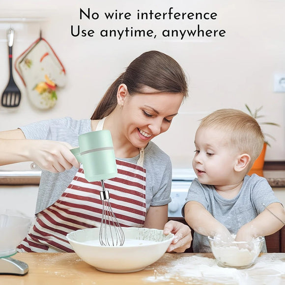 Green Wireless charging handheld mixer, 30W with three - speed settings. Dual whisk heads designed for whipping eggs, cream, and batter. Suitable for both kitchen and outdoor use, also an ideal gift. - RnR Galore