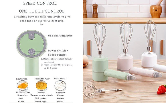 Green Wireless charging handheld mixer, 30W with three - speed settings. Dual whisk heads designed for whipping eggs, cream, and batter. Suitable for both kitchen and outdoor use, also an ideal gift. - RnR Galore