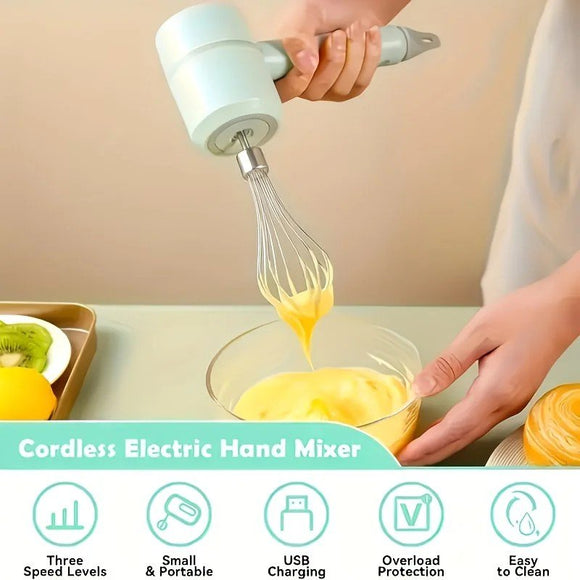 Green Wireless charging handheld mixer, 30W with three - speed settings. Dual whisk heads designed for whipping eggs, cream, and batter. Suitable for both kitchen and outdoor use, also an ideal gift. - RnR Galore