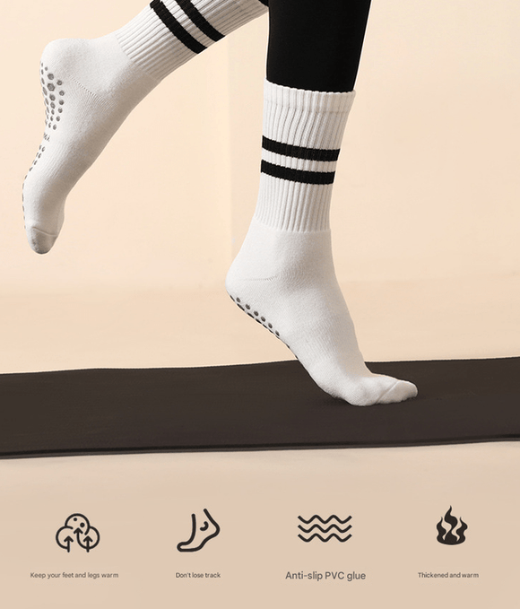Grey (3 - Pack) Unisex Striped Non - Slip Grip Socks - Cotton Crew Socks for Yoga, Pilates & Home Workouts - RnR Galore