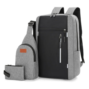 Grey 3 Piece Mens Backpack Set with Sling Bag and Pouch USB Charging Port Large Capacity Laptop Daypack Water Resistant Business Travel School Bag - RnR Galore