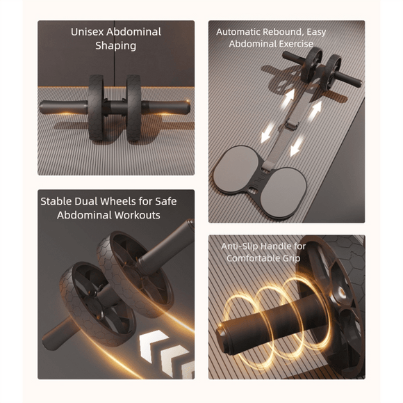 Grey Assisted Rebound Ab Roller with Foldable Knee Pad - Dual Wheel Core Trainer for Home Gym - RnR Galore