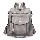 Grey Chic Women's PU Leather Convertible Backpack - Anti - Theft Design, Multi - Pocket Shoulder Bag with Tassel - RnR Galore
