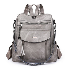 Grey Chic Women's PU Leather Convertible Backpack - Anti - Theft Design, Multi - Pocket Shoulder Bag with Tassel - RnR Galore