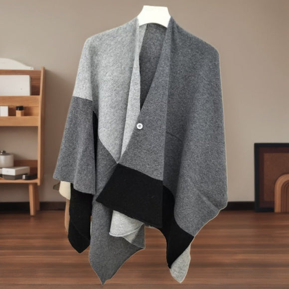 Grey Pure Wool Extra Large Shawl Scarf Color Block Multi - functional Warm Cashmere Cape Poncho - RnR Galore