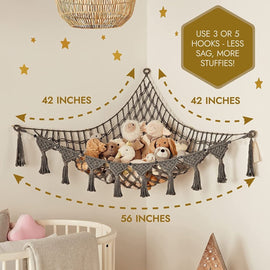 Grey Triangle Woven Plush Toy Corner Organizer (105x105x145cm) with octagonal beads and installation kit - Hand - woven cotton mesh toy storage hammock - RnR Galore