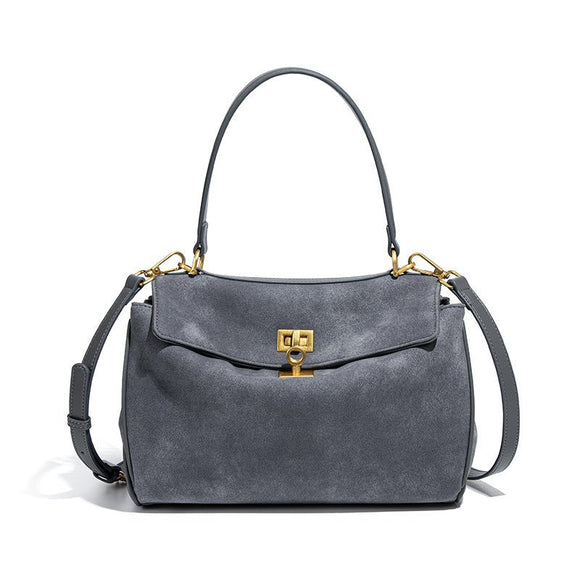 Grey Women's Vintage Suede Satchel Bag - Elegant Top Handle Purse with Gold Lock - RnR Galore
