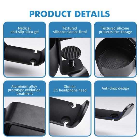Heavy - Duty All - Metal Desk Clamp with 360 - Degree Swivel Headphone Hanger & Cup Holder(black) - RnR Galore