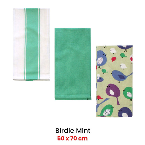 Home Oasis Set of 3 Printed Cotton Rich Tea Towels 50 x 70 cm Birdie Mint - RnR Galore