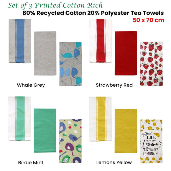 Home Oasis Set of 3 Printed Cotton Rich Tea Towels 50 x 70 cm Lemons Yellow - RnR Galore